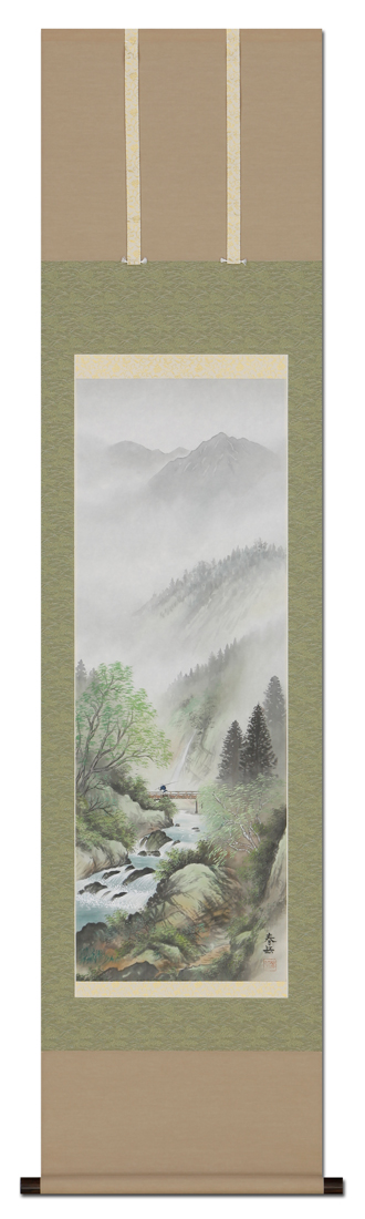 肉筆 彩色山水 真作】掛軸 加茂敬山『彩色山水』絹本 肉筆 共箱付 掛け軸