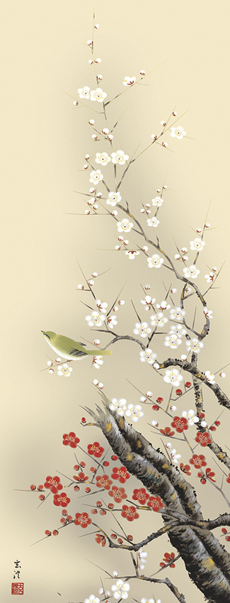 掛軸　梅 花鳥画 梅に鶯 清水玄澄 （春）尺五 【特価】！ 春 - 掛け軸（掛軸