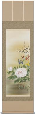 四季草花 小森松映 尺八横 肉筆！ 花鳥画 - 掛け軸（掛軸）販売通販