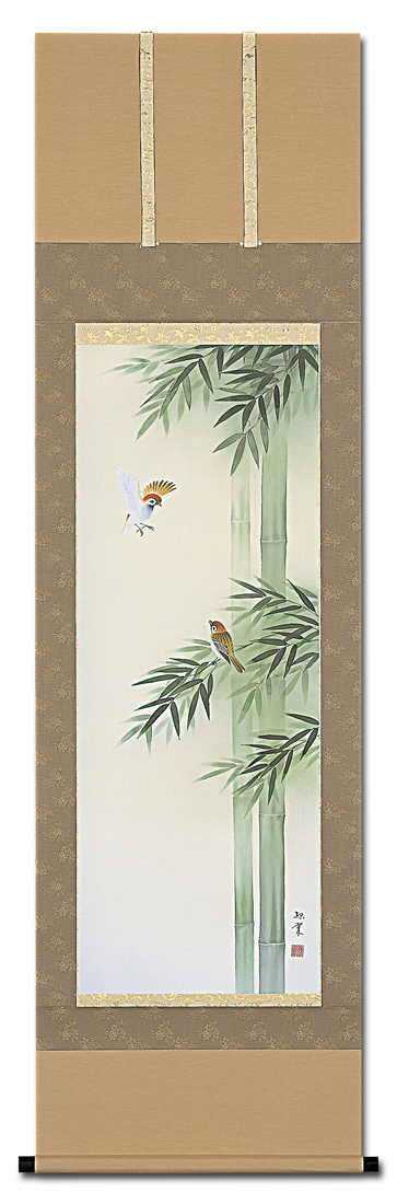 【オープニング大セール】 （花鳥画 ◎掛け軸(すずめ？牡丹？) 竹に雀 尺五立 萩原緑翠 絵画
