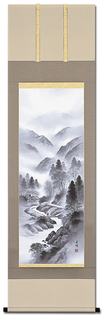 掛け軸-秋冬山水図（冬）／雪舟(尺五立) 水墨山水画 床の間 和室