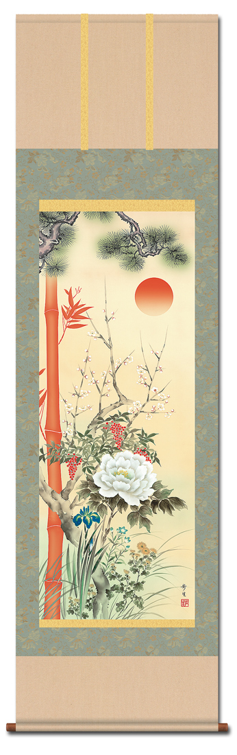 美品 掛け軸 四季花 香舟作 あっけなく 百花繚乱図