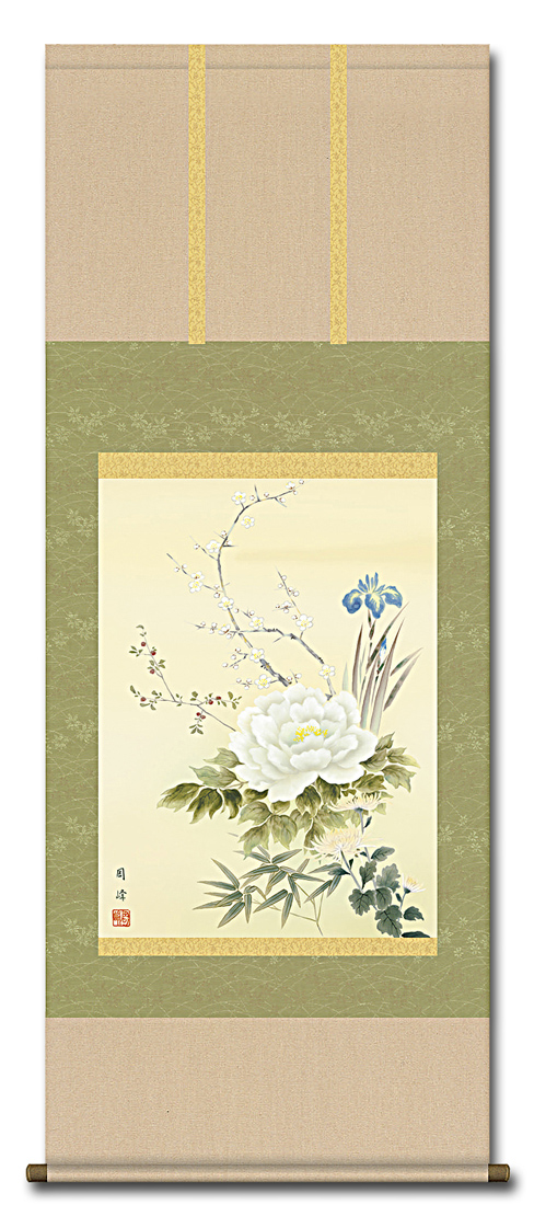 花鳥画 四季花 高畠周峰 （暁山会）尺五あんどん 日本製 花鳥画