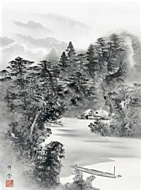 水墨山水 上村修香（清瀧会） 尺五アンド 山水画 - 掛け軸（掛軸）販売