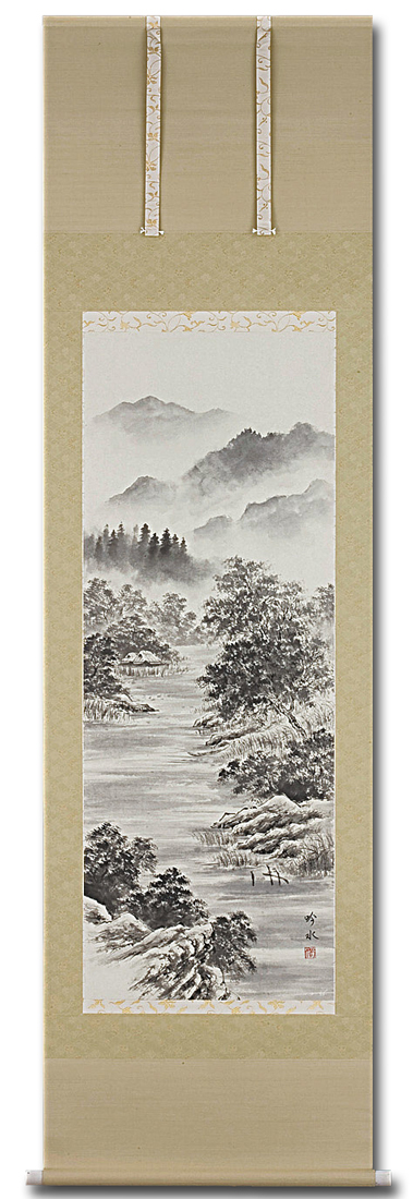 日本画　水墨山水　★手書き　1点モノ★嬉しい額装付！外寸約561×422mm37 日本画 水墨山水 ☆手書き 1点モノ☆嬉しい額装付き！外寸約561