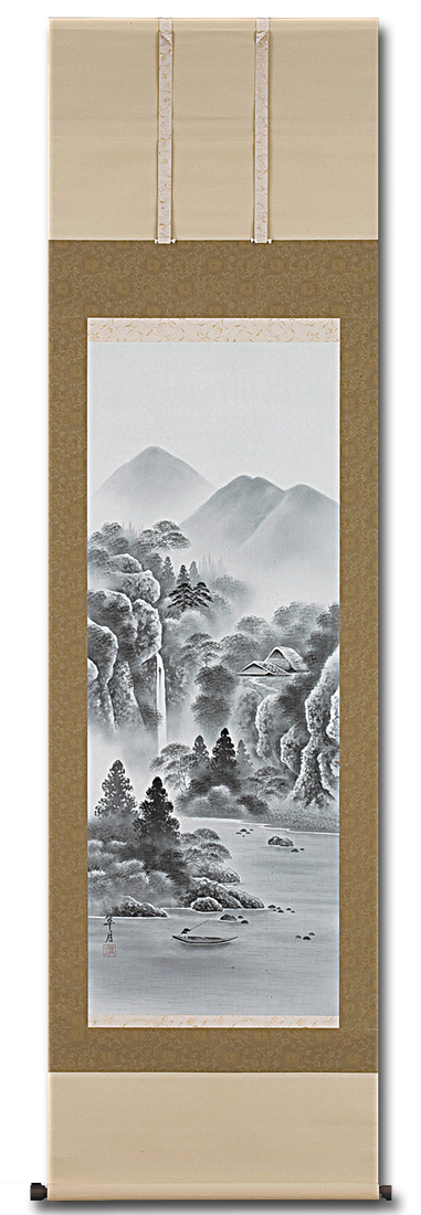 水墨山水 小林翠月 尺五【肉筆】！ 山水画 - 掛け軸（掛軸）販売通販