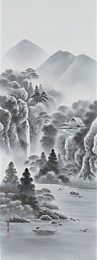 水墨山水 小林翠月 尺五【肉筆】！ 山水画 - 掛け軸（掛軸）販売通販