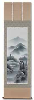 彩色山水 野村英仙 尺八立 肉筆！ 山水画 - 掛け軸（掛軸）販売通販