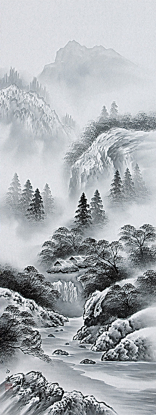 水墨山水 伊藤白雲 尺五【肉筆】！ 山水画 - 掛け軸（掛軸）販売通販