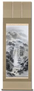 彩色山水 西脇紫光 尺八立 肉筆！ 山水画 - 掛け軸（掛軸）販売通販