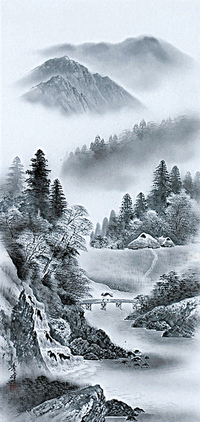 水墨山水 平野秀峰 尺八立 肉筆！ 山水画 - 掛け軸（掛軸）販売通販