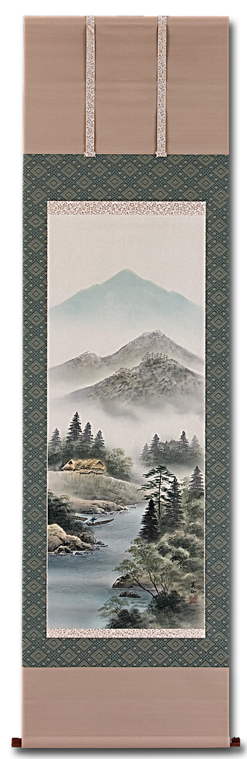 彩色山水 野村英仙「尺五立」肉筆！ 山水画 - 掛け軸（掛軸）販売通販