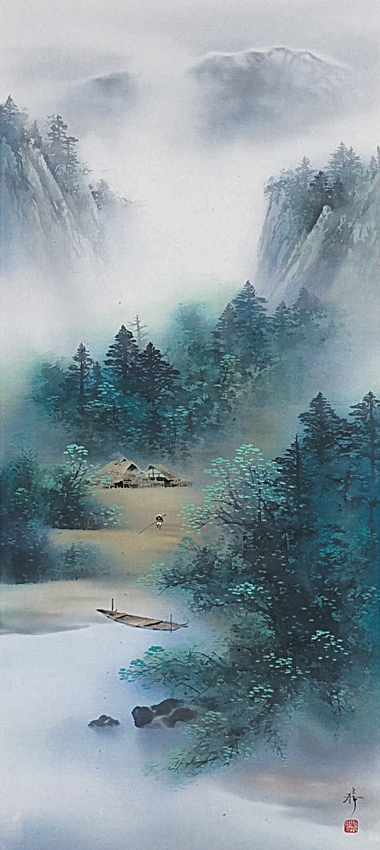青緑山水 中沢勝 尺八立 肉筆！ 山水画 - 掛け軸（掛軸）販売通販なら