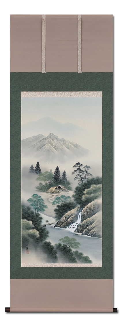 彩色山水 川島広陽 尺八立 肉筆！ 山水画 - 掛け軸（掛軸）販売通販