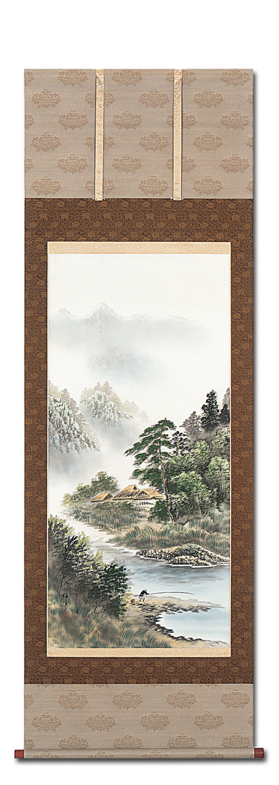 彩色山水 西村梅渓 尺八立 肉筆！ 山水画 - 掛け軸（掛軸）販売通販