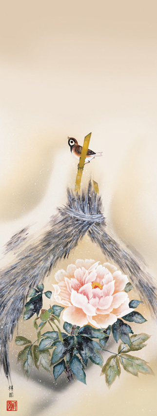 絹本彩色画 【 寒 牡 丹 ノ 図 】 木枠扁額仕立て 無落款 寒牡丹 山本祥園 （草夕会） 尺三！ 冬 - 掛け軸（掛軸）販売通販なら