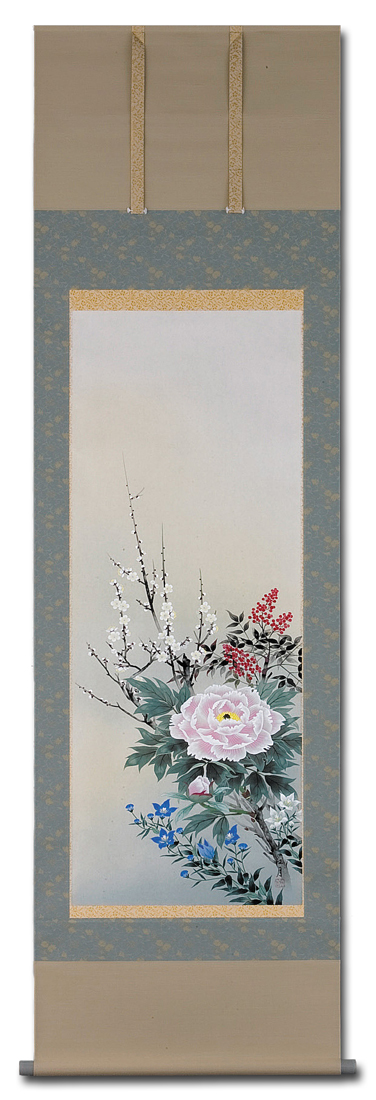 四季草花 松沢江月 尺五立 肉筆！ 花鳥画 - 掛け軸（掛軸）販売通販
