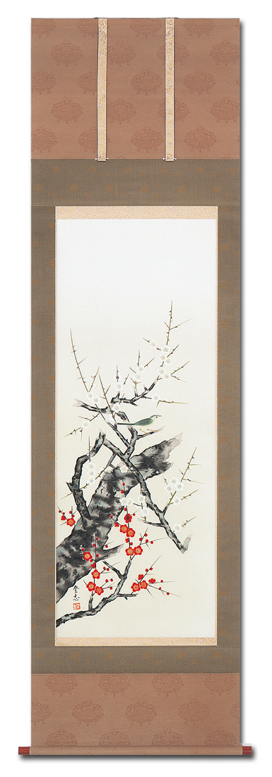 紅白梅に鶯 田中登志 尺五立 肉筆（冬・春）！ 冬 - 掛け軸（掛軸