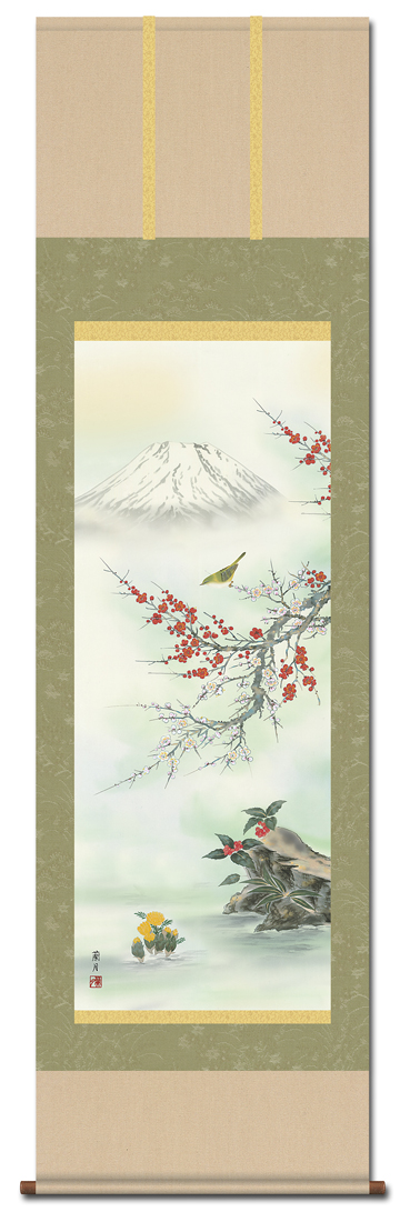 紅白梅に鶯 吉井蘭月 （暁山会） 尺五 【特価 】 日本製 花鳥画
