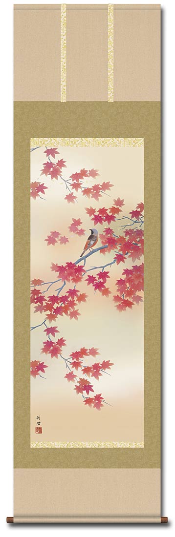 掛け軸 田村竹世 秋草に鶉 ウズラ 絹本 希少 軸装 茶道具 掛軸 美品 です。