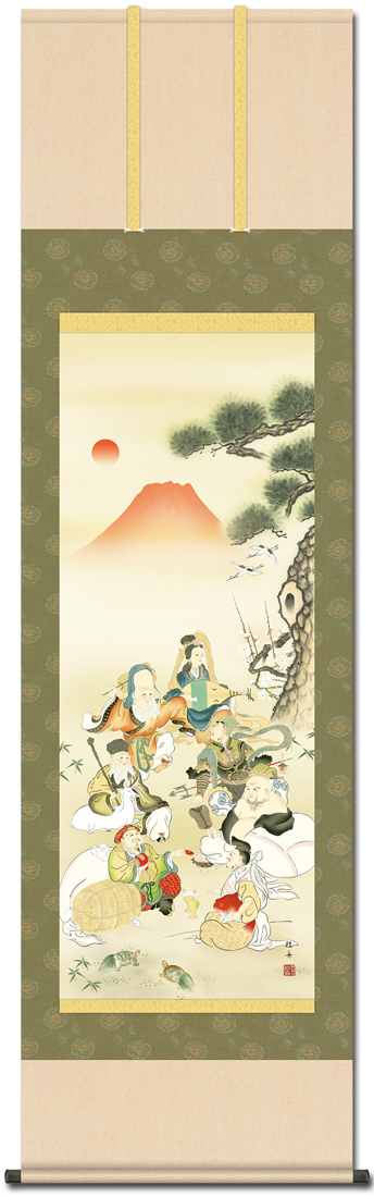 【真作】掛軸　松岡古峰　三社之図　吉祥画　古美術　長寿福徳　共箱入　U77 七福神吉祥之図 長江桂舟 尺三 【特価 】！ 開運画 - 掛け軸（掛軸