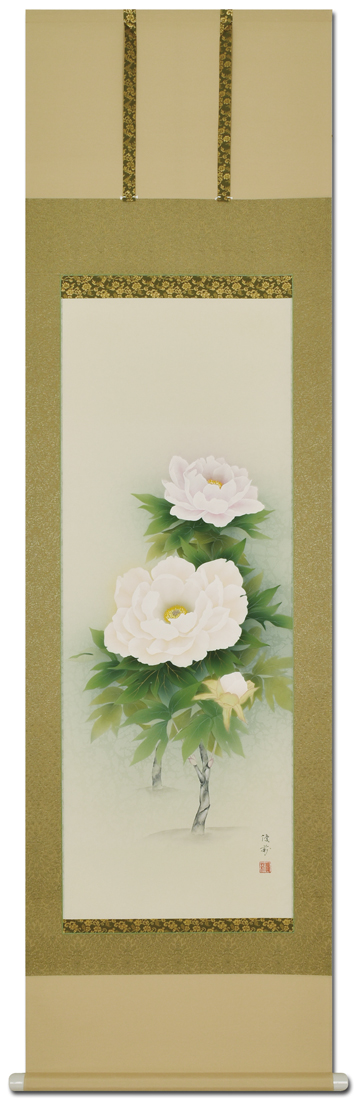 牡丹 鈴木優莉 尺五立 肉筆！ 花鳥画 - 掛け軸（掛軸）販売通販なら 