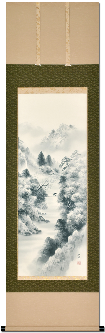 古い掛け軸 水墨山水 田代西峰 尺五立 【特価 】 【納期一か月半】！ 山水画