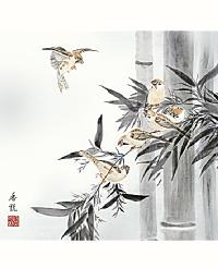 花鳥画「竹に雀」 　西尾香悦 尺五横【 特価 】