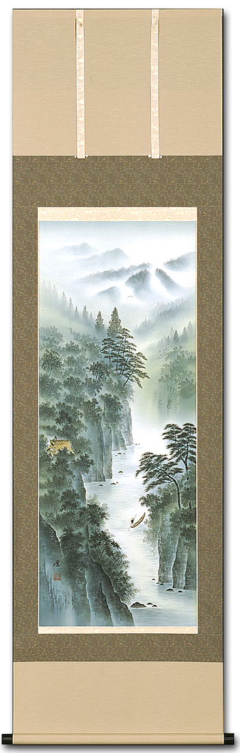 三 渓 筆 【 絹本彩色画 山水画 】 山間部を流れる渓流
