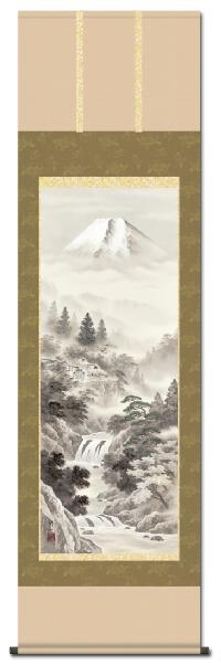 水墨山水」富士閑景 江本修山 （尺五） 日本製 山水画 - 掛け軸（掛軸